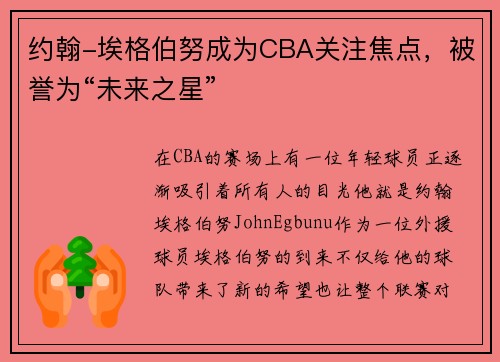 约翰-埃格伯努成为CBA关注焦点，被誉为“未来之星”